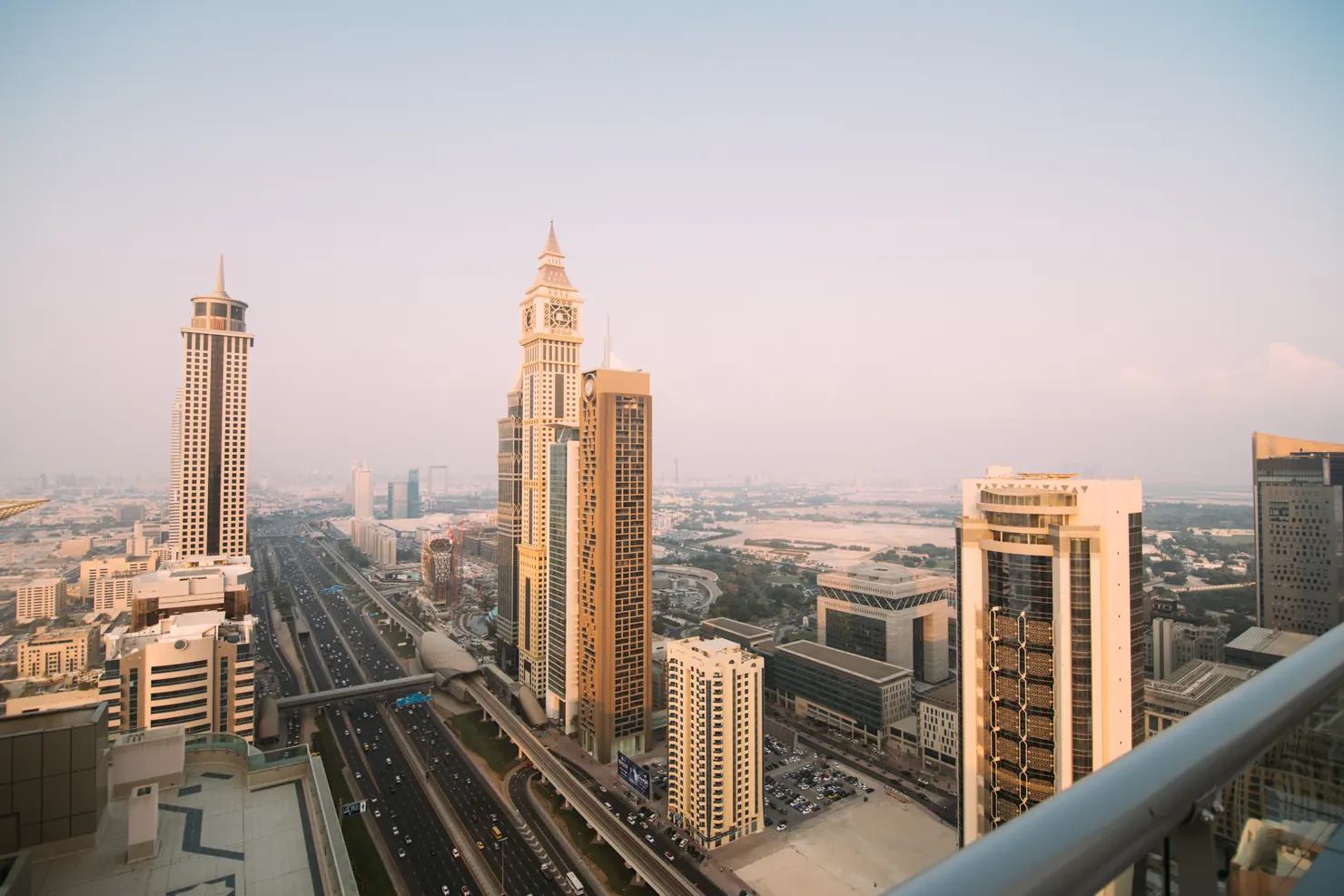 Downtown Dubai skyline at sunset in the United Arab Emirates