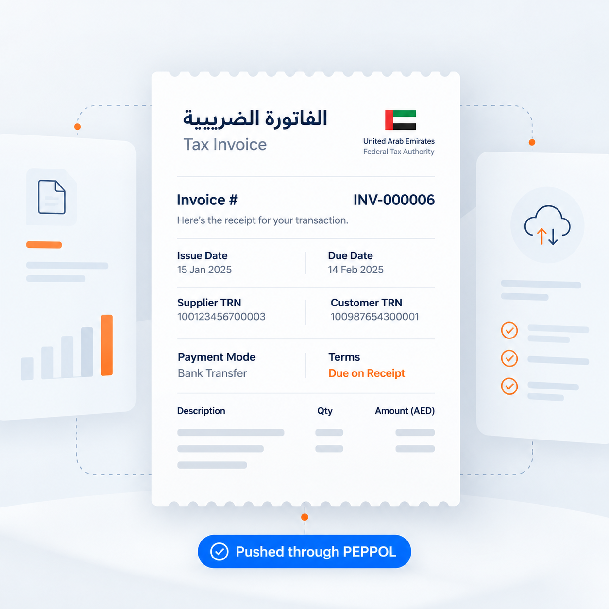 Illustrative UAE electronic tax invoice showing structured invoice fields and a Peppol exchange confirmation. Example only.